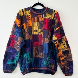 Tundra Canada Coogi Style Colorful Patchwork 3D Knit Cotton Sweater